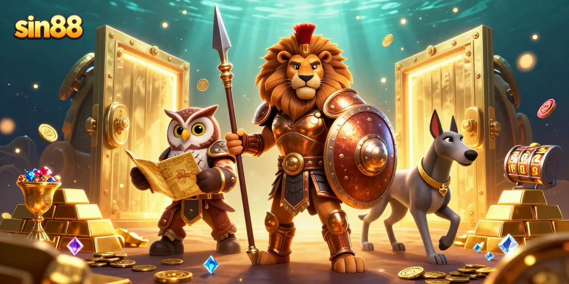 Experience sin88 with a vibrant 3D illustration of Spartan lion and treasures illuminating the casino world.