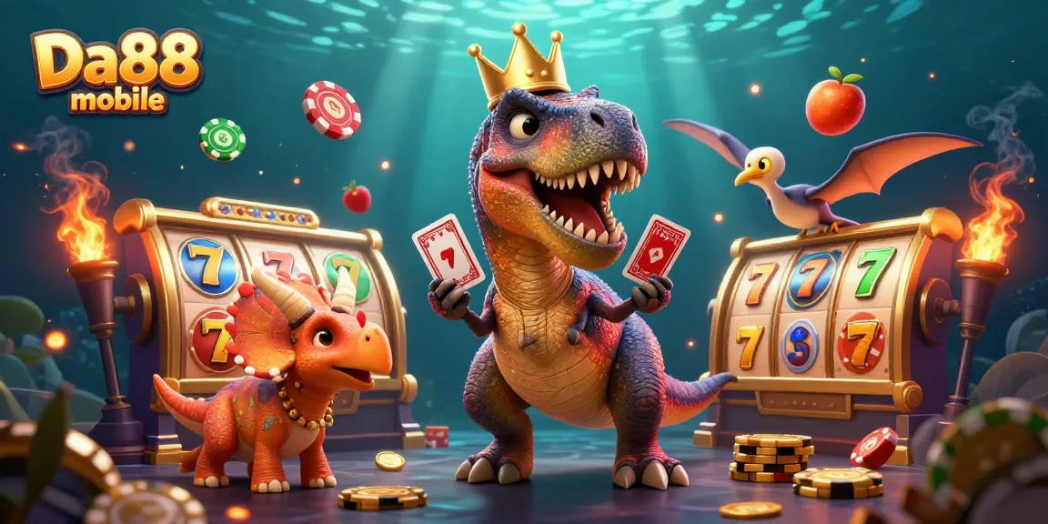 Engage in exciting gameplay with Da88 mobile featuring vibrant 3D cartoon dinosaurs and slot reels.