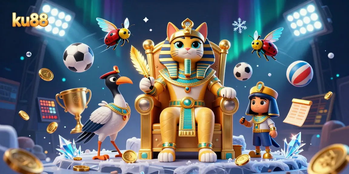Engage with ku88 in a vibrant 3D scene featuring a pharaoh cat and dynamic sports elements.