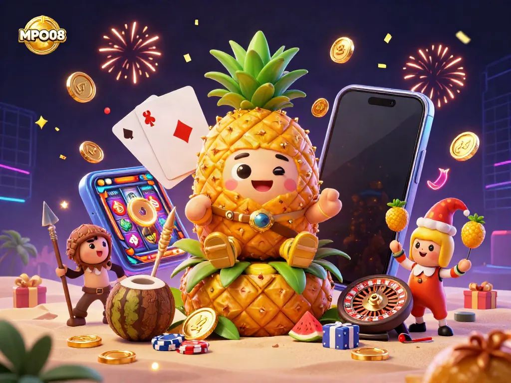 Engage with MPO08's vibrant slot games alongside lively characters in a beach casino setting.