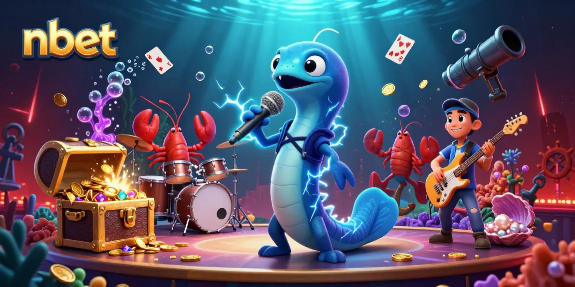 Experience the thrill of nbet in an underwater casino with electric eel DJ and vibrant game elements.