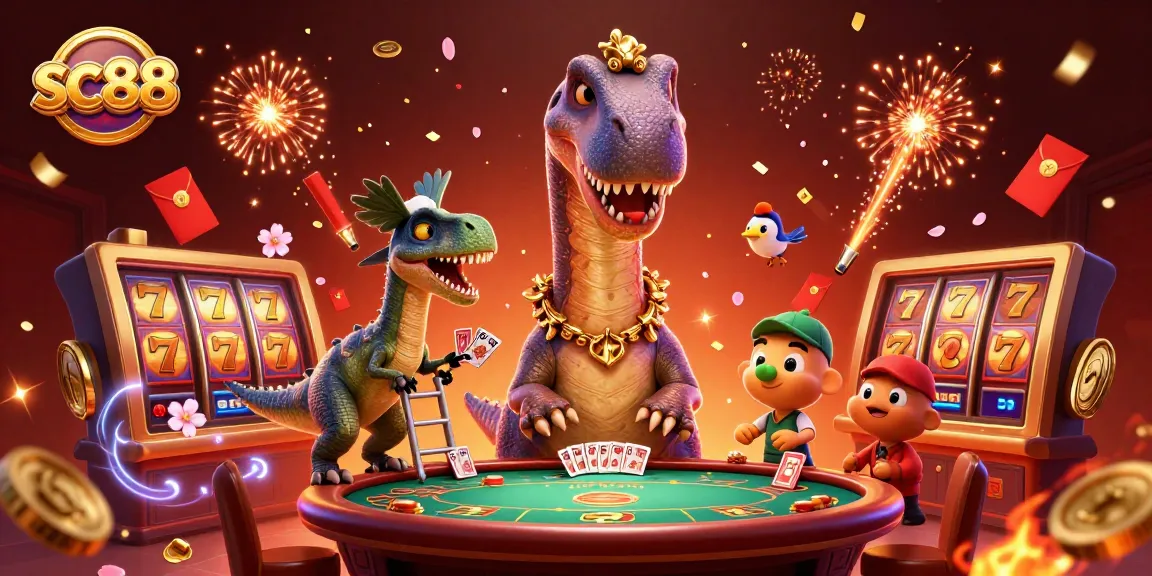 Win at sc88 with towering brontosaurus and clever raptor dealing cards amidst a vibrant casino scene.
