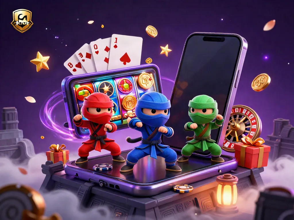 Join the fun at fabet with ninja chameleons battling for colorful slot treasures in an exciting casino setting.