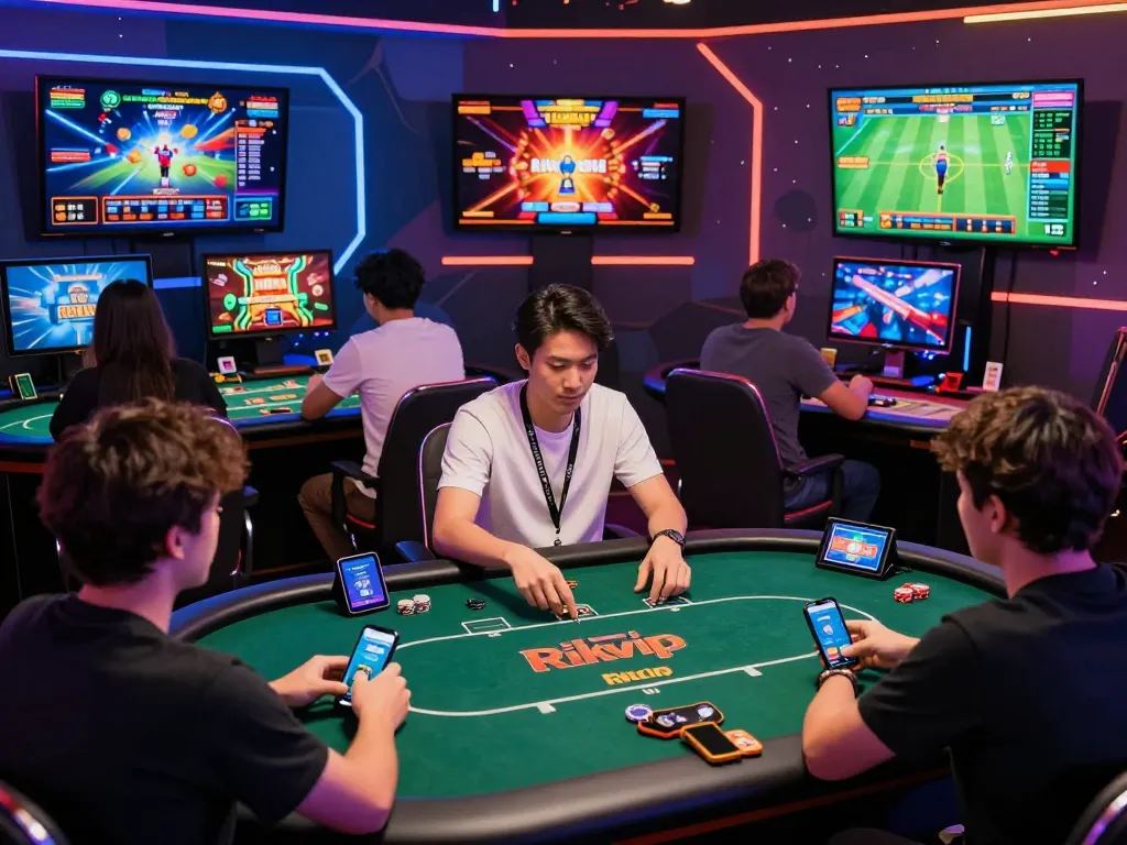 Engaging scene of players on the Cổng game Rikvip platform enjoying various online games like poker and slots in a vibrant casino atmosphere.