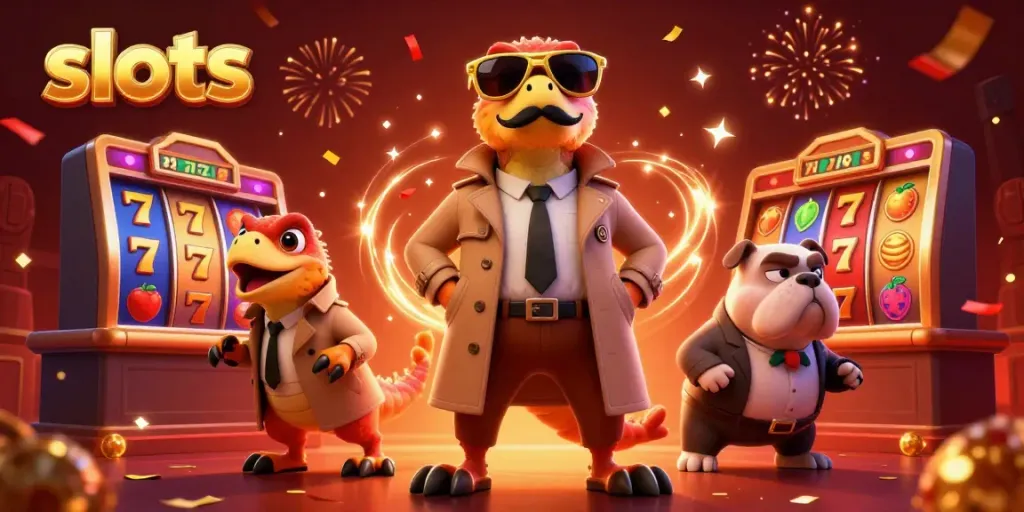 Engage in thrilling slots gameplay with vibrant 3D characters, slot machines, and confetti.