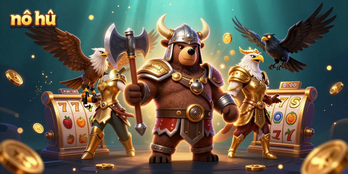Engage with the thrilling nổ hũ jackpot experience alongside a Viking bear and Valkyrie eagle.