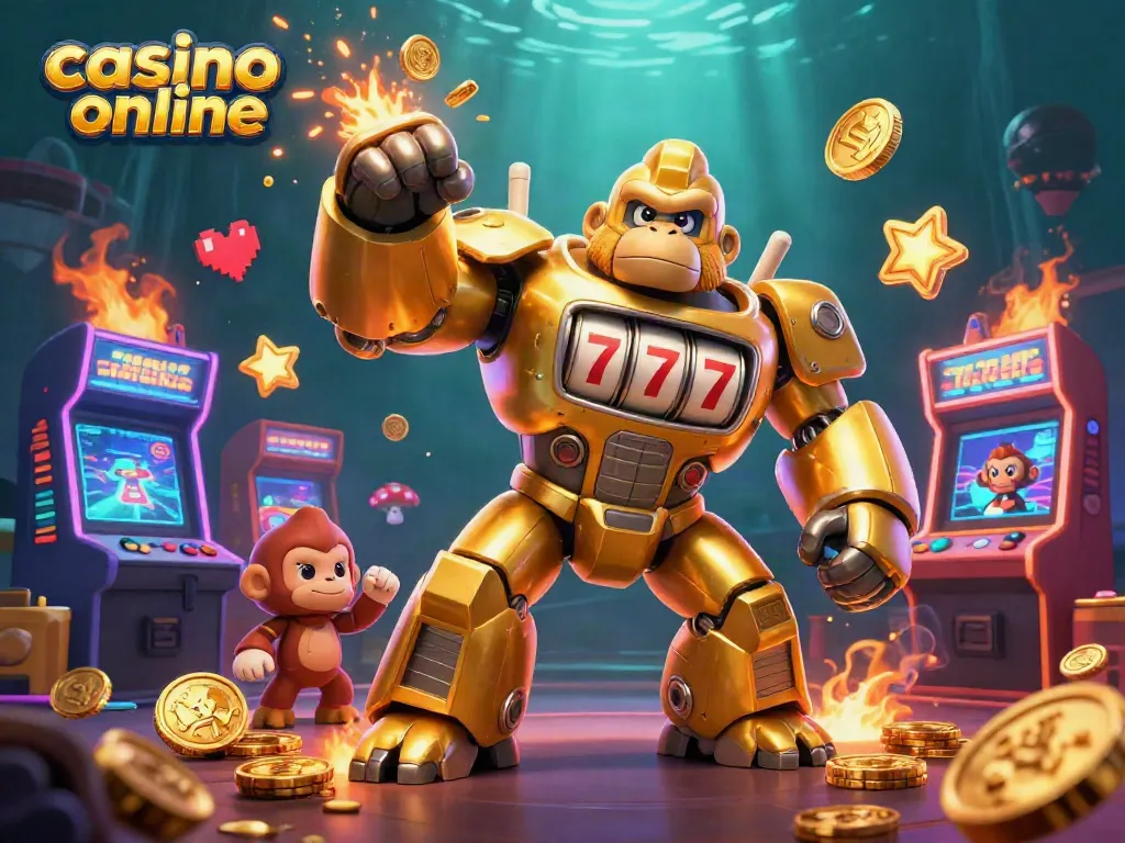 Disfruta en un casino online con una emocionante ilustración de un gorila mecánico dorado rodeado de máquinas de juego y elementos vibrantes.