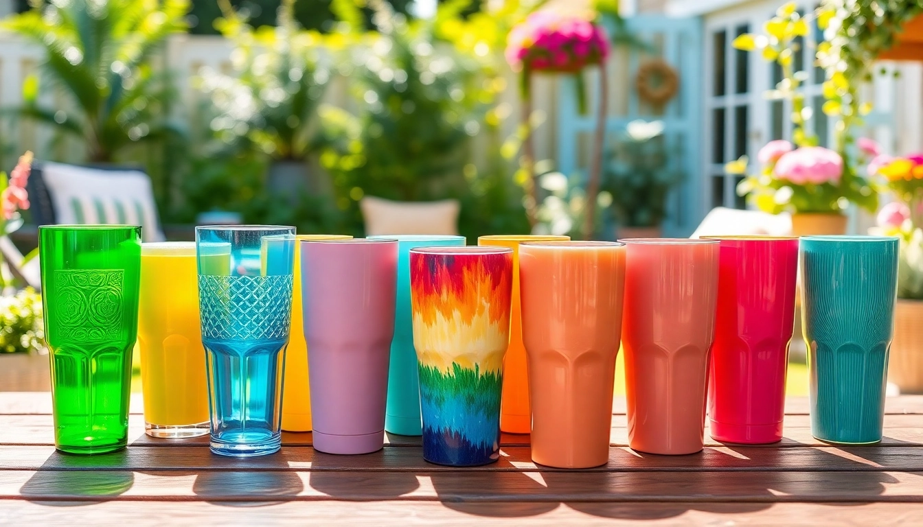 Colorful tumblers arranged stylishly outdoors, highlighting their unique features and vibrant designs.