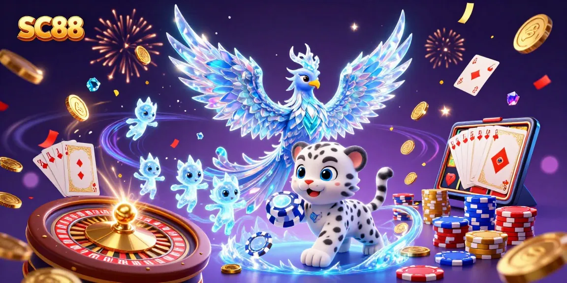 Interactive SC88 gaming scene with ice phoenix and vibrant casino elements, creating an engaging gambling atmosphere.
