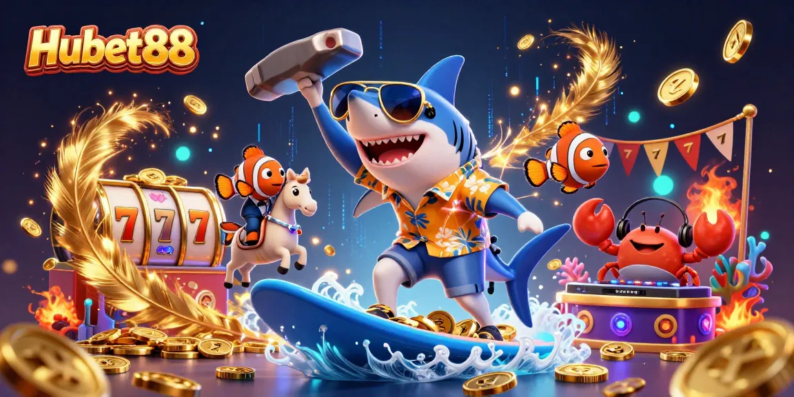 Engage with Hubet88 as a shark surfs on gold coins, showcasing fun gaming elements.