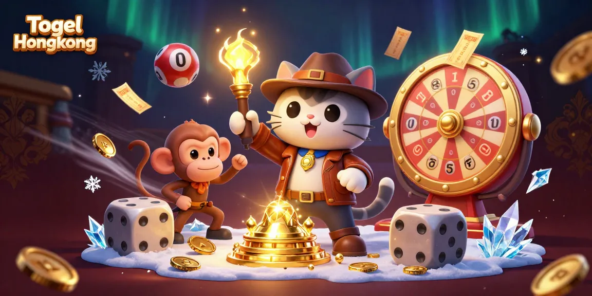 Togel Hongkong themed illustration showing an explorer cat discovering golden lottery artifacts amidst vibrant particles.