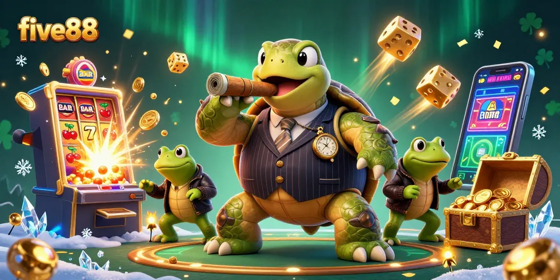 five88 casino illustration showcasing a snapping turtle in a mobster suit surrounded by vibrant casino elements.