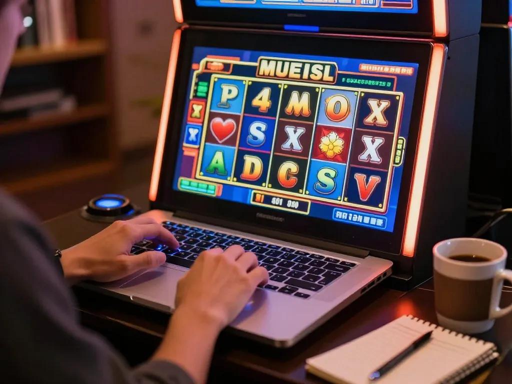 A person engages with Trang chủ gk88 by betting on an exciting online slot machine, showcasing vibrant visuals.