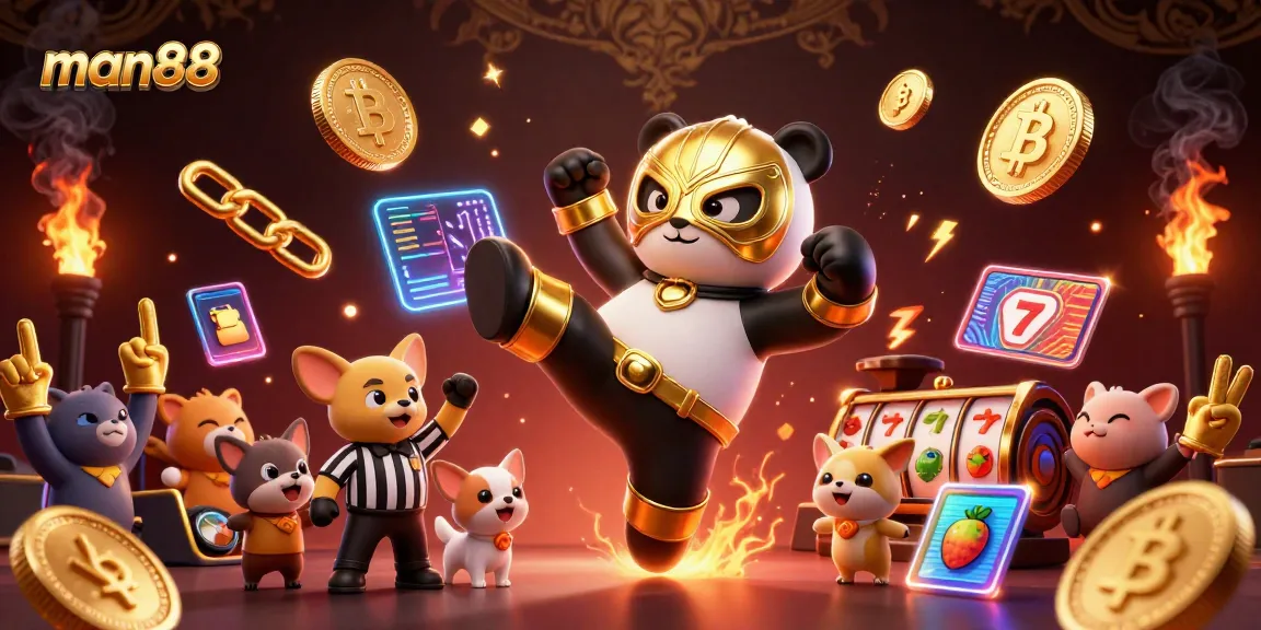 man88 showcases a thrilling casino scene featuring a panda wrestler performing in a lively environment with crypto elements