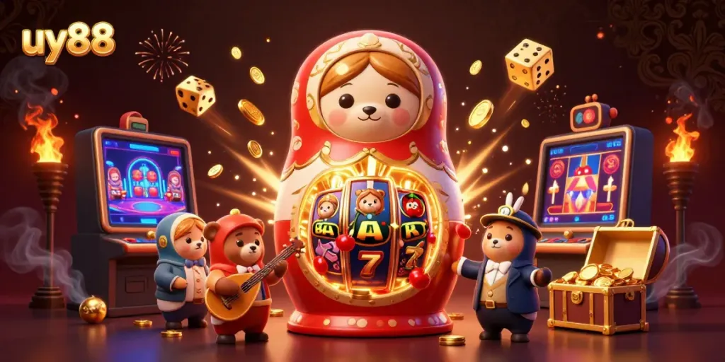 Experience the excitement of uy88 with a vibrant 3D casino scene showcasing characters and game elements.