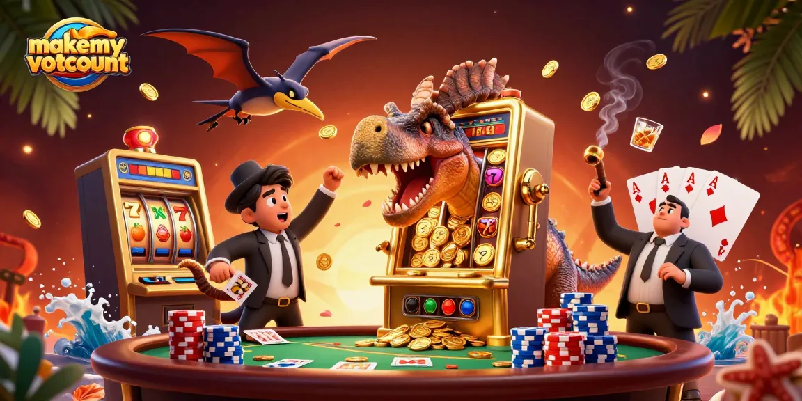Experience the excitement of makemyvotecount as a cartoon dinosaur interacts with a winning slot machine and casino chaos.