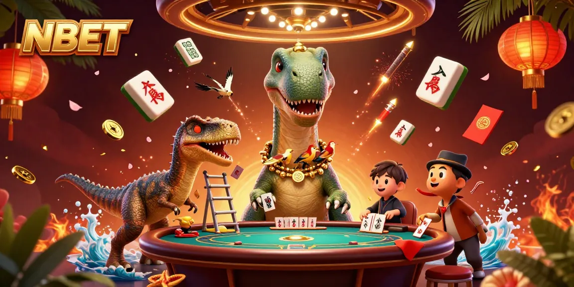 Engage with NBET at a vibrant casino scene featuring playful dinosaurs in action.