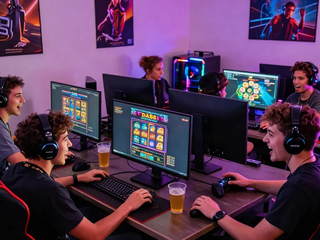 Friends enjoying DA88 online gaming with colorful slot games displayed on a computer.