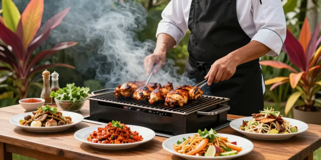 Grilled ayam with sambal rawit at a vibrant outdoor barbecue, showcasing rokok88 slot flavor.