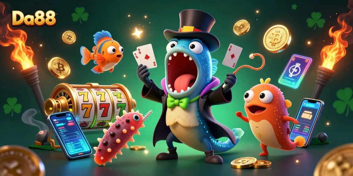 Engage in thrilling excitement with Da88 at this vibrant casino scene showcasing magical tricks and slot games.