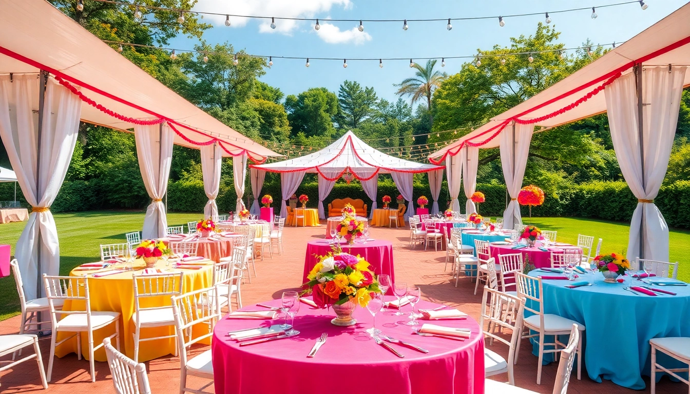Outdoor Party Rentals showcasing a vibrant party setup with elegant tents and decorations.