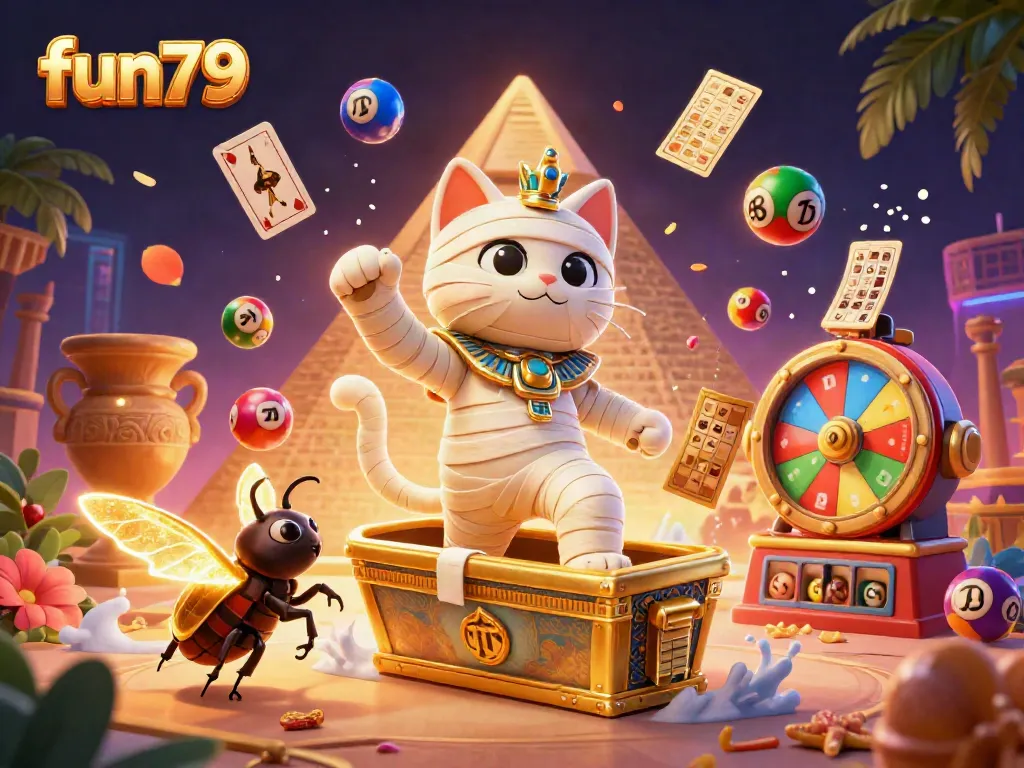 Engage with fun79 in a vibrant casino scene featuring an Egyptian mummy cat and dynamic elements of gaming.