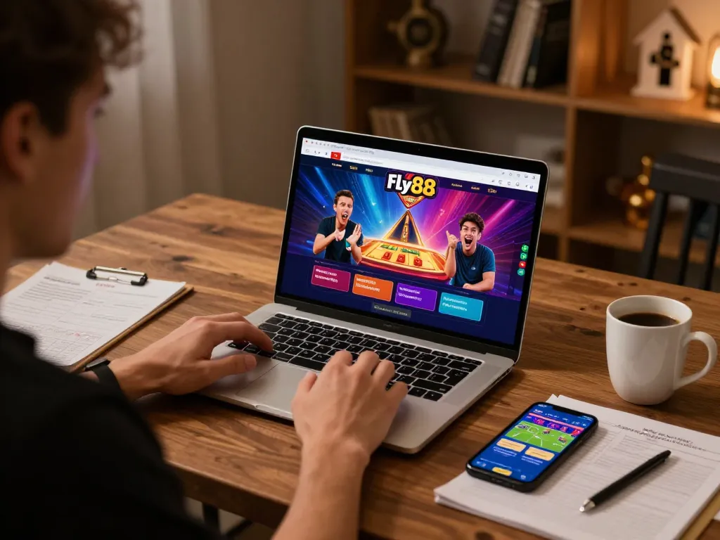 Engaged player using fly88 com for exciting online casino gameplay with strategy notes