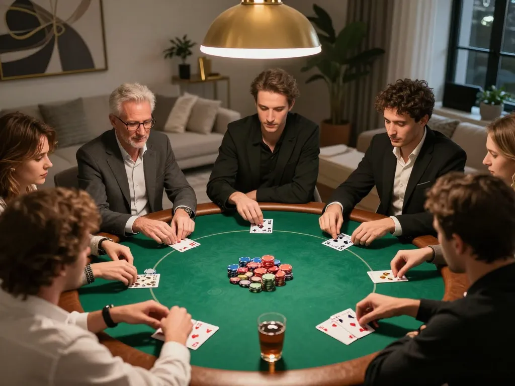 Players enjoy a lively poker game at home, showcasing the excitement surrounding 789betcom