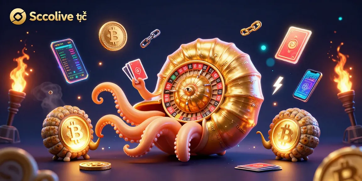 Engage with Socolive trực tiếp featuring ancient nautilus and glowing crypto elements in a vibrant casino scene.
