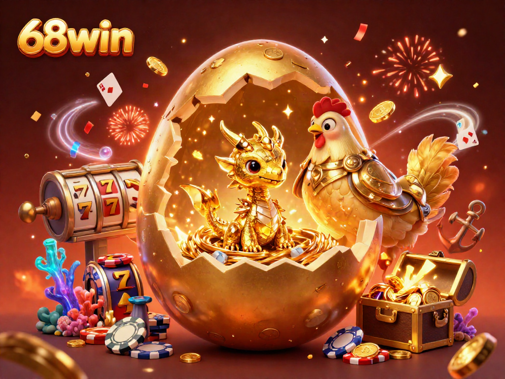 Experience the excitement of 68win with a vibrant illustration of a golden dragon amidst casino elements.