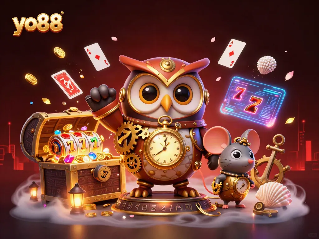 Spin the reels of excitement at yo88 with vibrant 3D characters amid a rich casino backdrop.