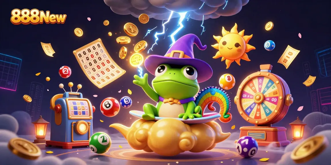 Win big with 888New as vibrant lottery elements and characters create a dynamic casino illustration.