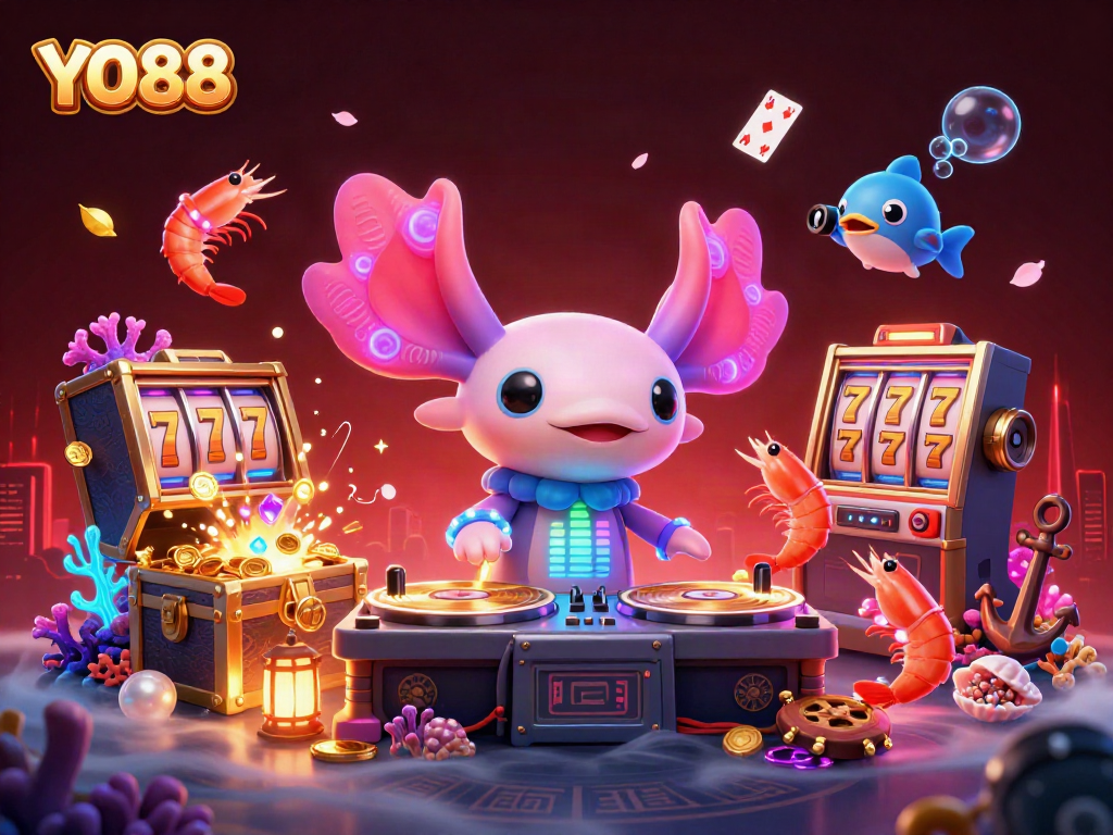 Experience the excitement of YO88 with vibrant characters and slot reels in a lively underwater casino.