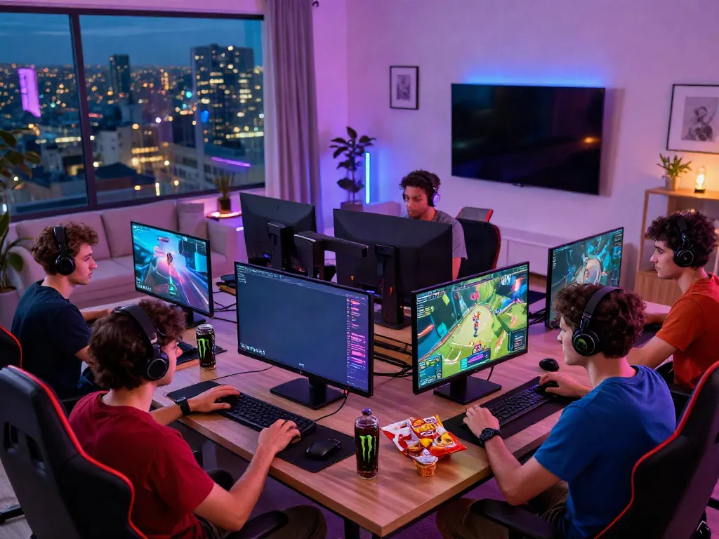 Diverse group of men enjoying a thrilling gaming session at home, highlighting the engaging atmosphere and high-tech setup reflecting the manclub experience.