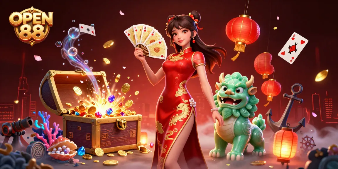 Experience the thrill of OPEN 88 with golden playing cards and vibrant casino elements in a captivating scene.