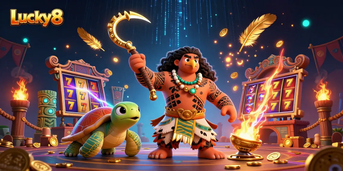 Lucky8 slots and jackpots animated with vibrant characters in a casino-themed illustration.