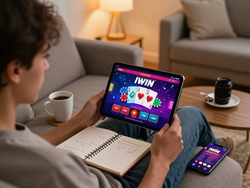 IWIN online gaming scene with a player focused on a tablet and betting strategies in a cozy home setup