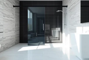 Showcasing a stylish black shower sliding door in a contemporary bathroom setting.