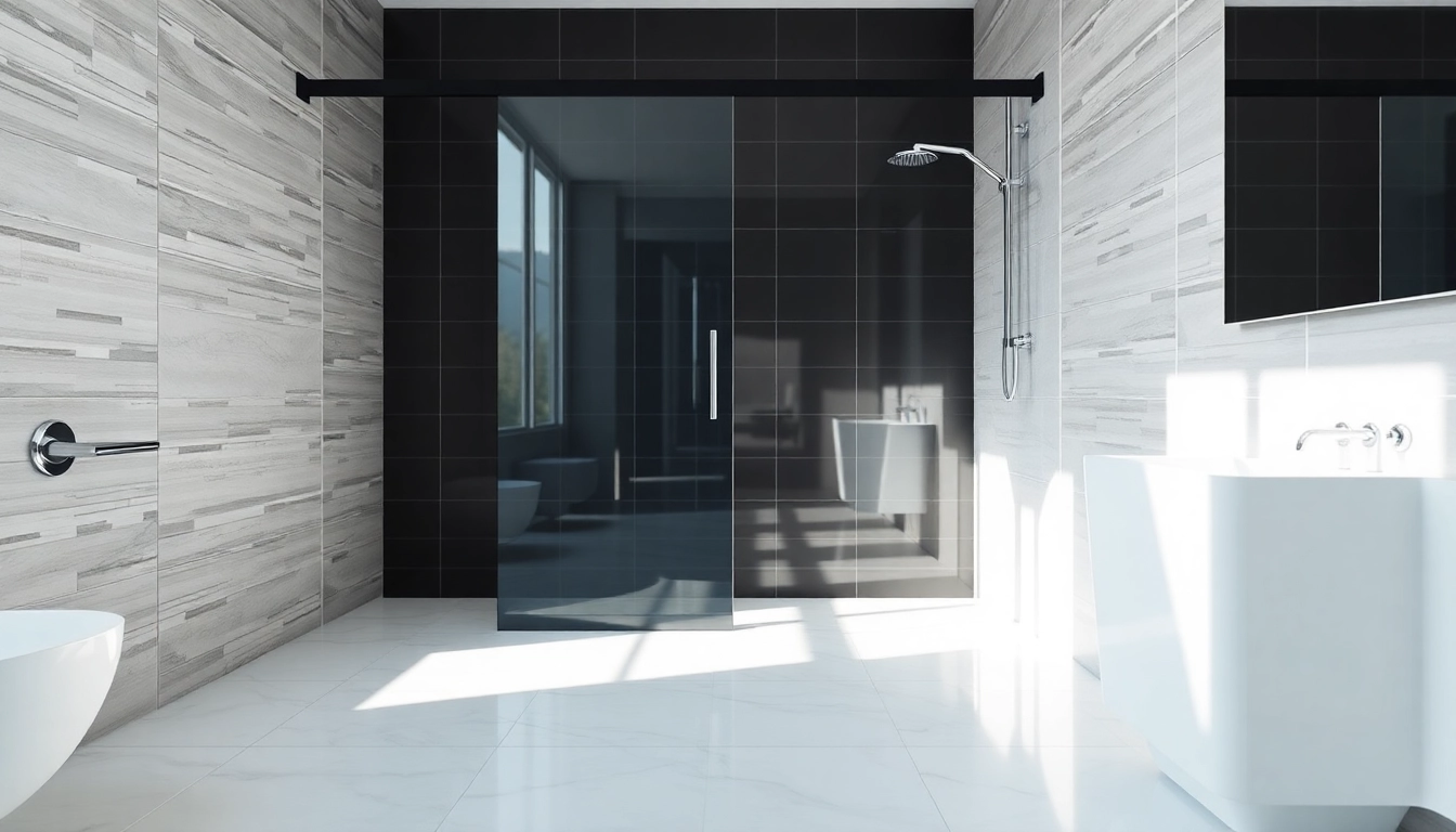 Showcasing a stylish black shower sliding door in a contemporary bathroom setting.