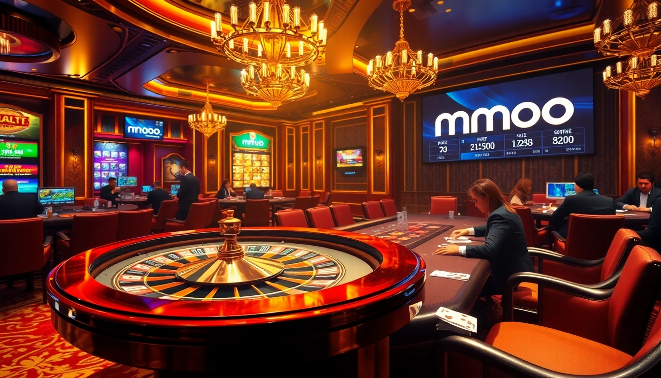 A thrilling gambling scene with a luxurious poker table at MMOO showcasing high-stakes action, vibrant casino atmosphere.