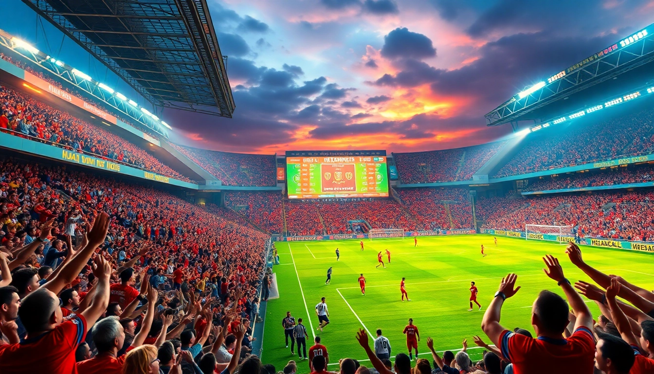 Lịch thi đấu bóng đá hôm nay mới nhất displayed in an action-packed football stadium scene with fans cheering.