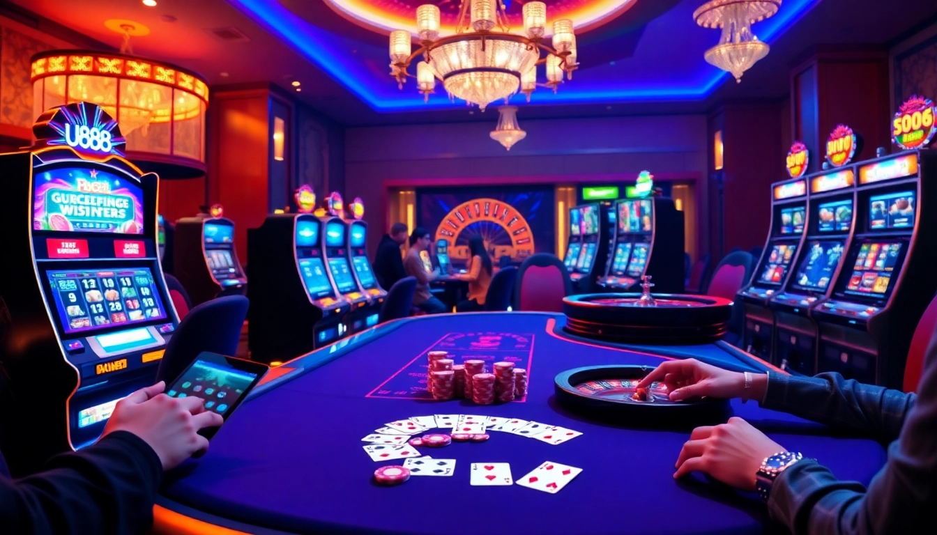 Engaging players in game u888 at a luxury casino table with poker chips and cards