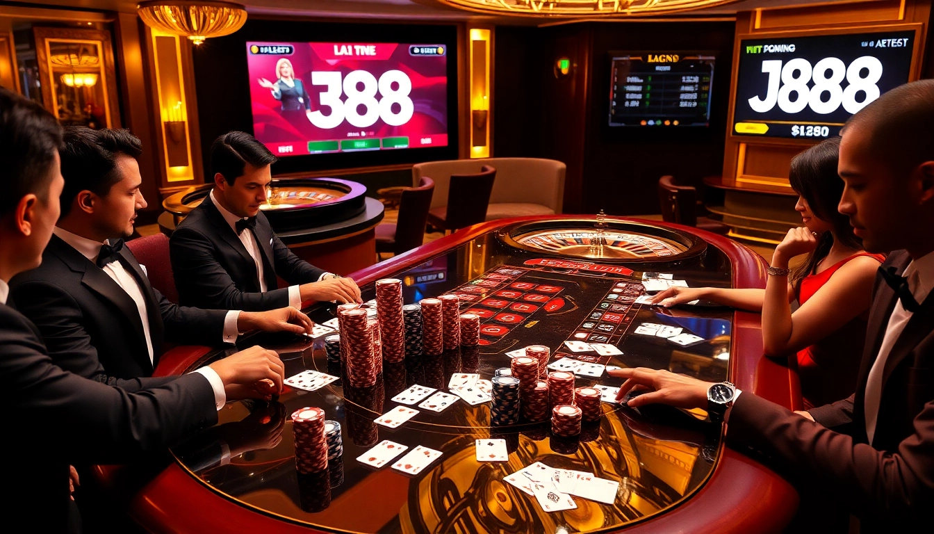 Experience thrilling j88 bet action at a luxurious poker table as players engage in high-stakes gambling.