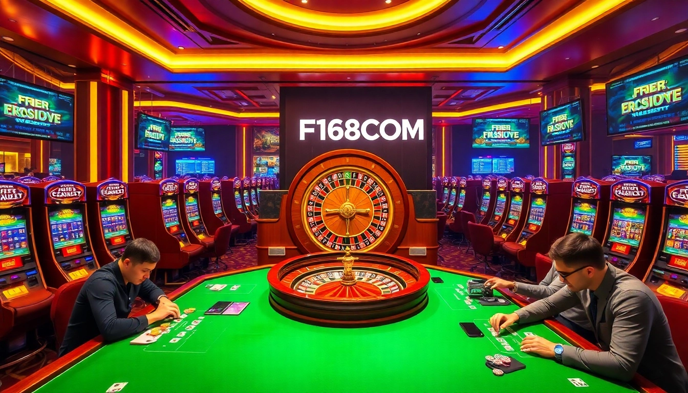Players engaging in competitive betting at F168COM's luxurious casino tables amidst vibrant slot machines.