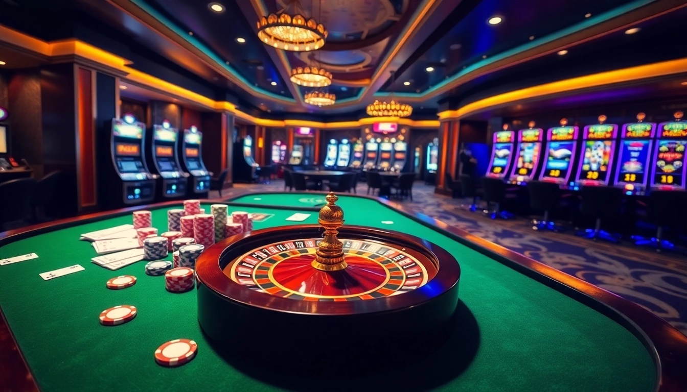 Experience the thrill of gambling at 789f with a vibrant casino scene featuring poker tables and exciting slot machines.