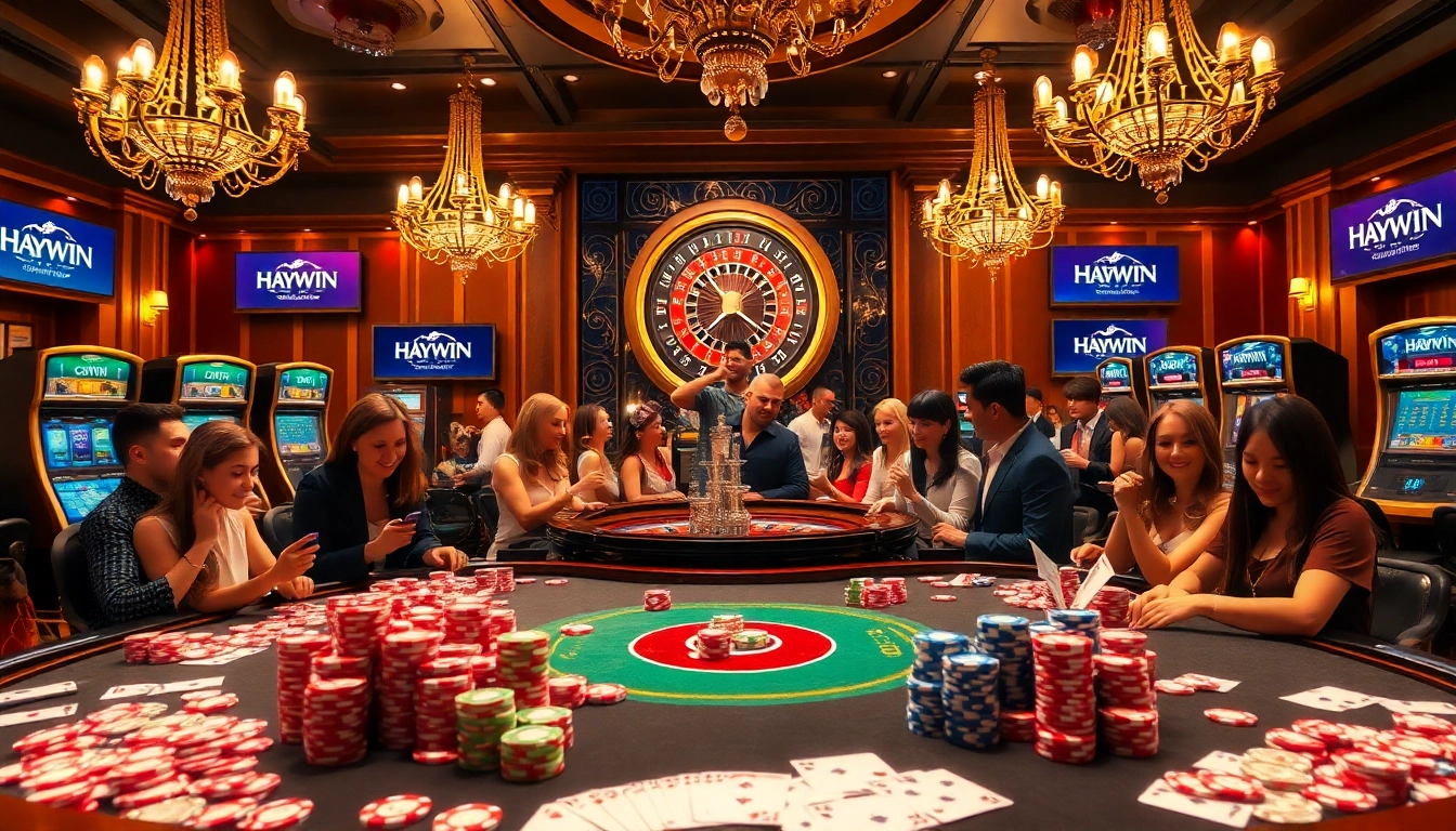 Experience the excitement of Haywin at a luxurious casino scene filled with vibrant games and players.