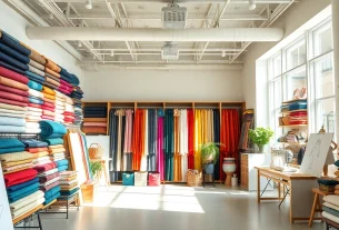 Bekijk stoffen webshop nederland met diverse kleurrijke stoffen in een uitnodigende showroom.