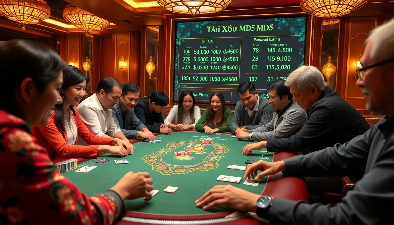 Experience the excitement of Tài Xỉu MD5 at a vibrant casino table, showcasing dice and colorful poker chips.