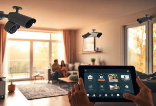 Instalación de Cámaras Ezviz en una casa moderna, mostrando a una familia supervisando su sistema de seguridad.