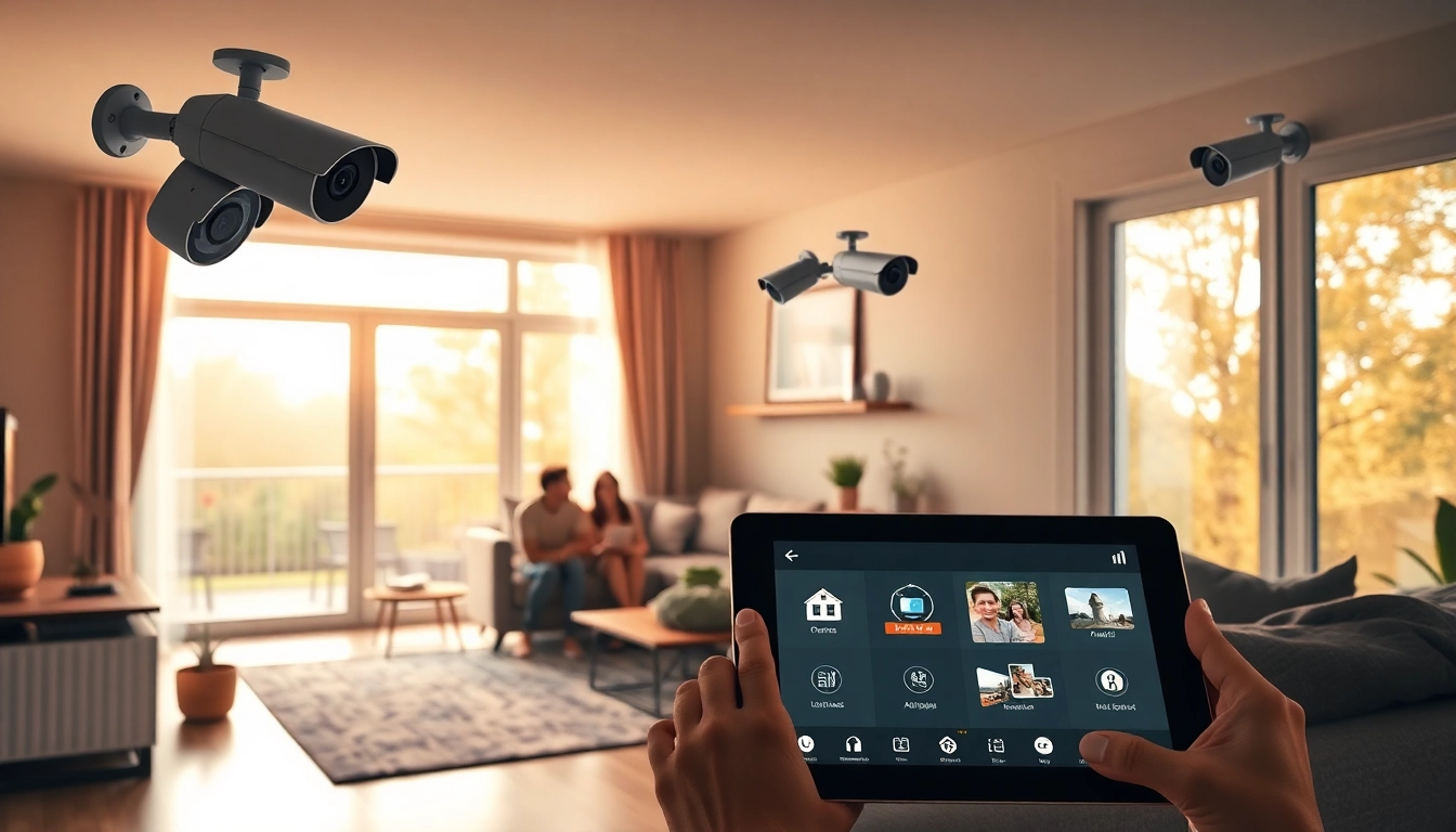 Instalación de Cámaras Ezviz en una casa moderna, mostrando a una familia supervisando su sistema de seguridad.